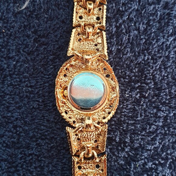 Vintage Jeweled Abalone Rhinestone & Tiger Eye Gold-Plated Japan Quartz Watch - Picture 7 of 16